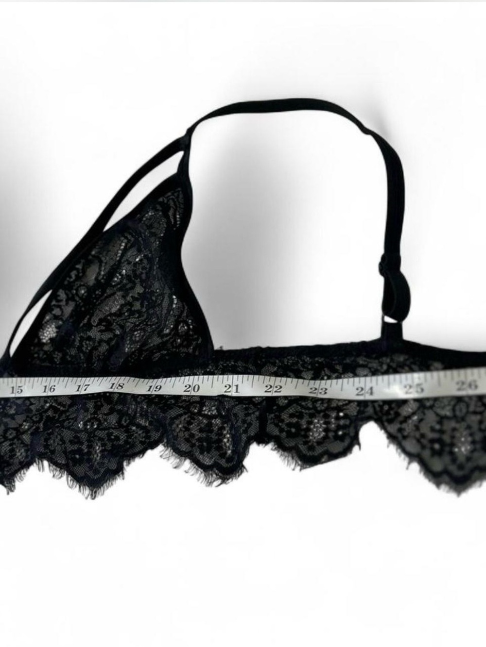 Sheer Black Fairy Goth Scalloped Lace Cami Bralette Deep V-neck Double Straps M - Picture 5 of 7